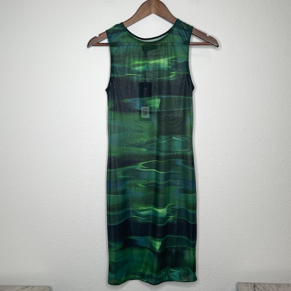 White Fox Sheer Mesh Green Abstract Mini Sleeveless Bodycon Dress Large NWT